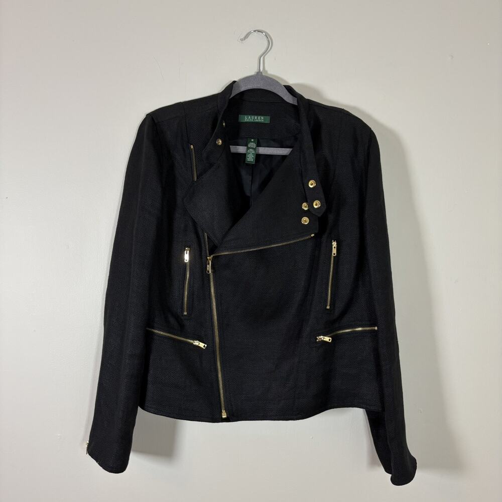 Lauren Ralph Lauren Black Linen Biker Jacket Gold Zip Moto Asymmetric Coat 16